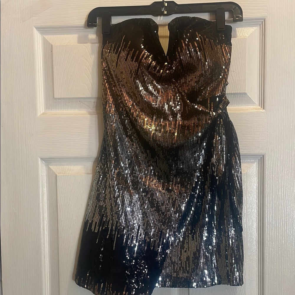 Black and Silver Sequin Strapless Dress
